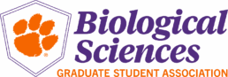 Biological Sciences Graduate Student Association logo, with Biological Sciences in purple, Graduate Student Association in orange, with orange Tiger Paw inside six-sided shield-shaped border on left.