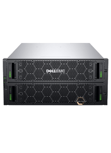 Front view of a Dell EMC server tower with two stacked units and visible drive bays.