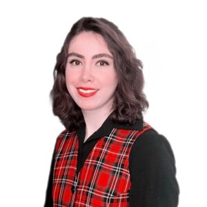 Female with red and black vest, and black shirt.