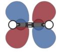 A picture of 4 filled circles alternating between white and gray with red and blue shaded lobes on the top and bottom.