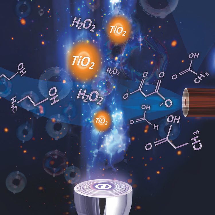 Artistic rendering of a capillary, various molecules, and TiO2 particles